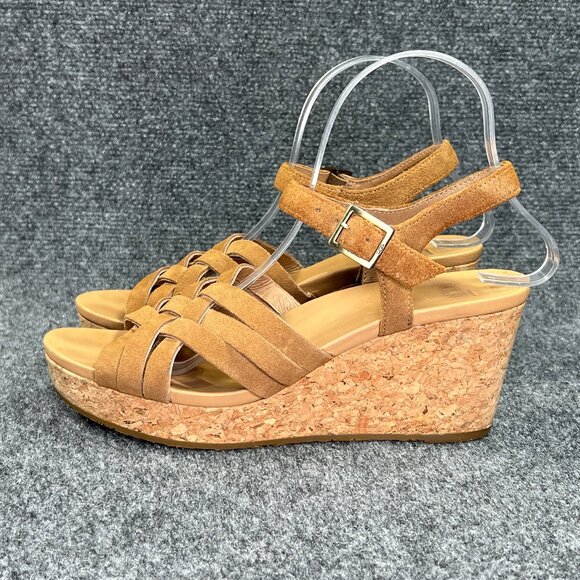 UGG Uma Wedge Sandals Women's Size 8.5 Chestnut Suede Cork Strap Buckle Platform - Picture 4 of 13